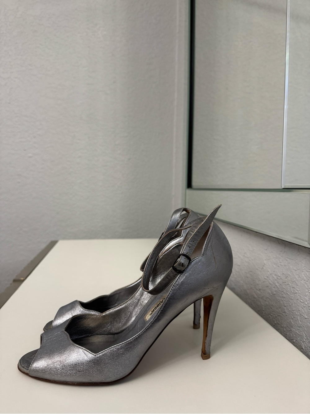 Vintage Manolo Blahnik Metallic Silver Peep-Toe Ankle Strap Heels